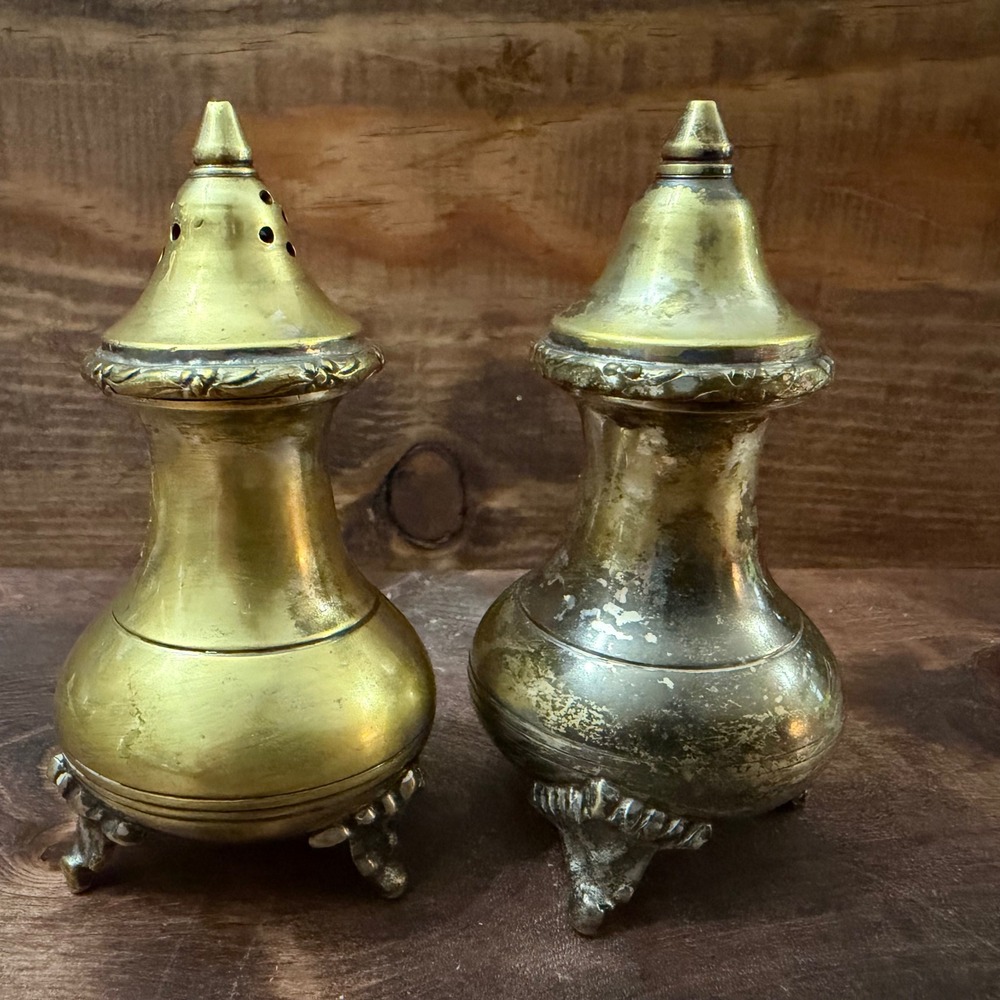 Vintage Footed Brass Salt and Pepper Shakers Set Ornate Floral Patina Antique